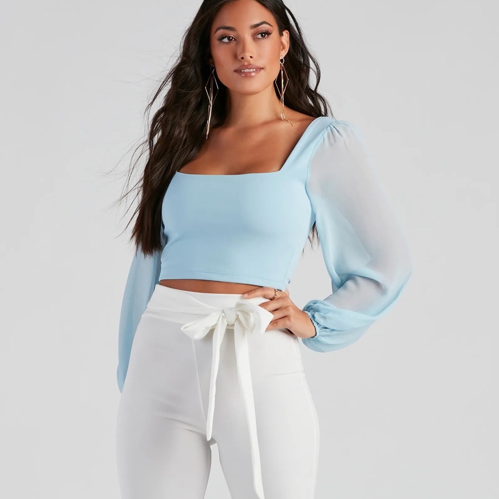 Baby blue crop top with puffy chiffon sleeves